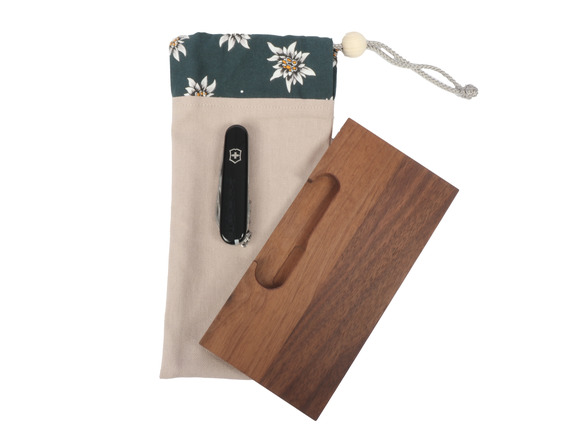 Znüni Brettli mit Messer u. Stoffbeutel Edelweiss dunkel